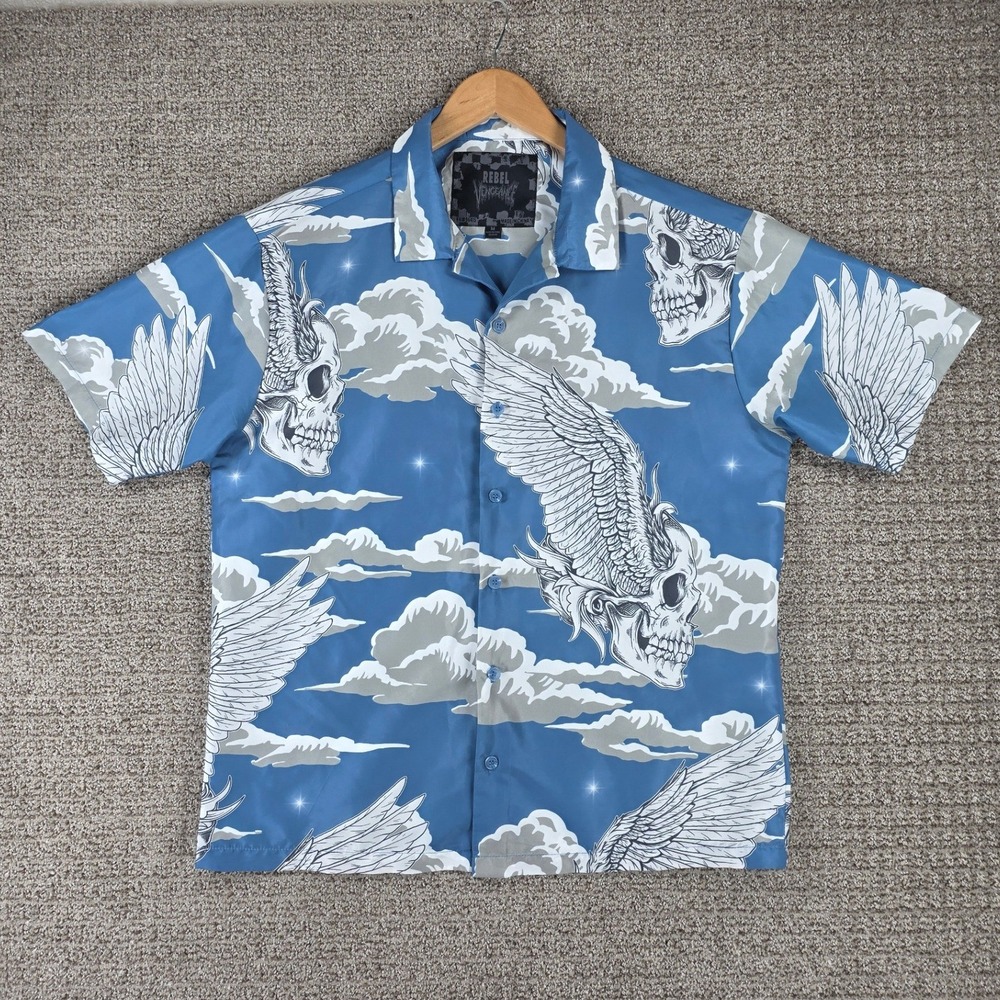 Rebel Vengeance Mens Medium Blue Winged‎ Skull Cloud Print Button Up Shirt